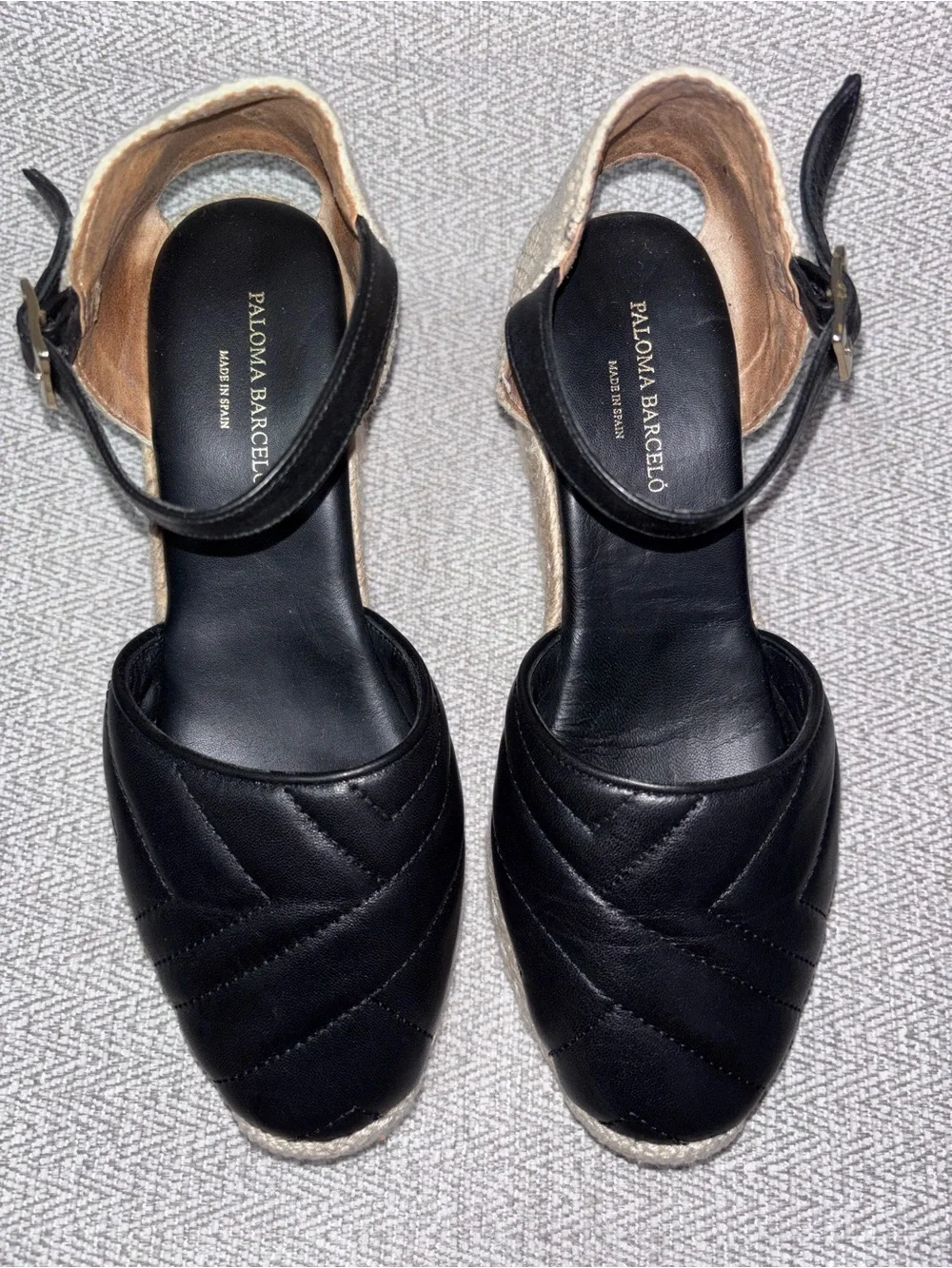 Paloma Barcelo black quilted leather wedge espadrilles ankle strap EU 38 US 7.5